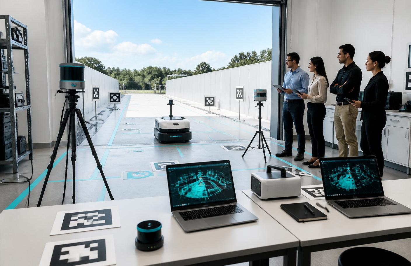 Robotics operations team reviewing a 90-day pilot test lane with LiDAR scanners and an autonomous robot